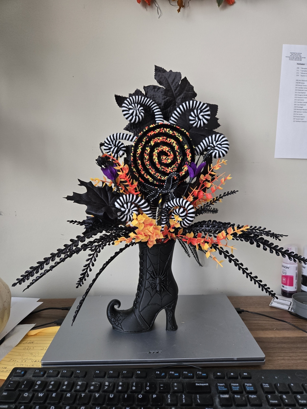Black Halloween Boot Vase with Black, Gothic Floral Arrangement